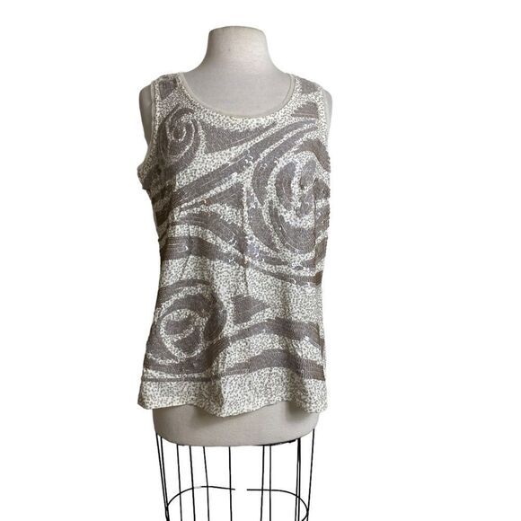 Coldwater Creek L 14 sequined tank top cream and beige sleeveless - Picture 1 of 5